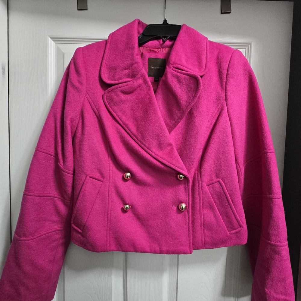 The Limited Hot Pink Double-Breasted Peacoat with Gold Buttons